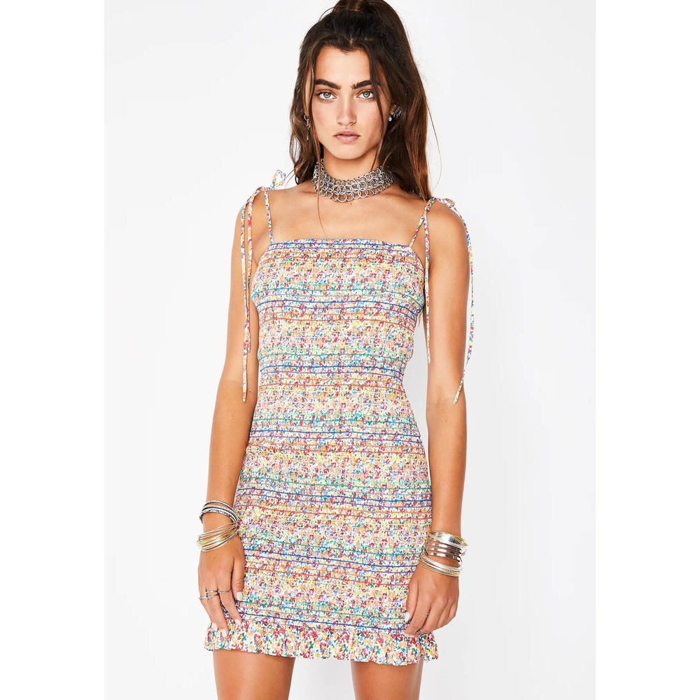 Storia Women Floral Smocked Mini Dress Rainbow Multi Color Tie Strap Ruffle L